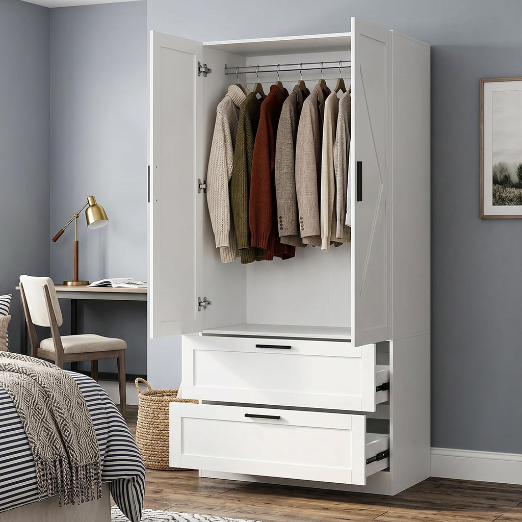 70.9" Tall Armoire Wardrobe Closet with 2 Drawers, 2 Doors & Hanging Rod, 31.5" W Farmhouse Wooden Wardrobe Clothes