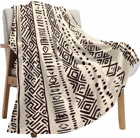 Boho Beige Throw Blanket Fleece Blanket, Vintage Tribe African Texture Soft Microfiber Fuzzy Cozy Lightweight Blankets