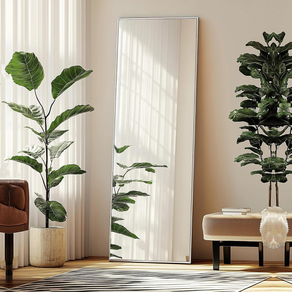 Full Body Mirror 56x16 inch, Silver Floor Length Mirror, Metal Frame