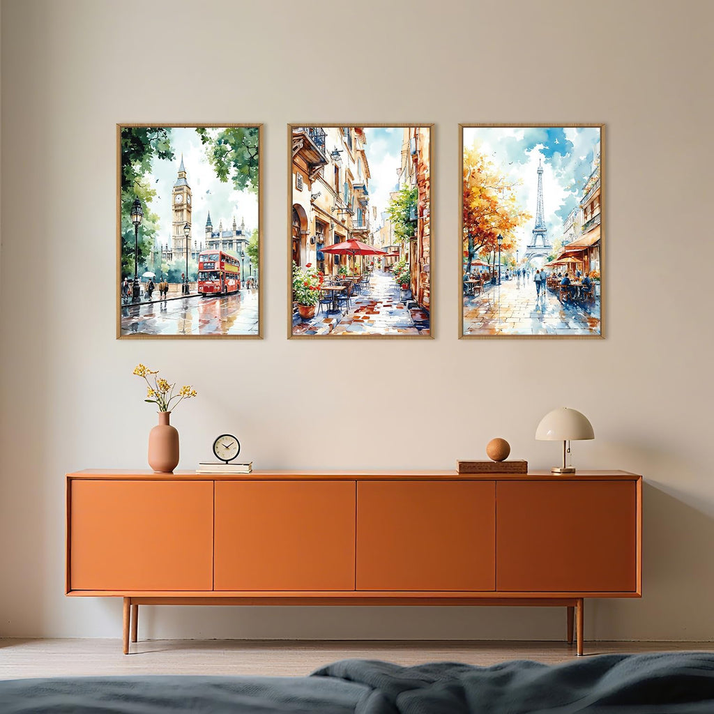 Watercolor European Cityscape Framed Canvas Wall Art Set,London Big Ben & Paris Eiffel Tower Street Scenery Wall