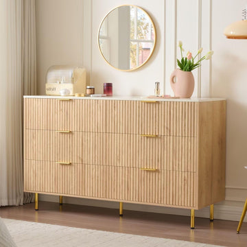 Faux Marble Top 56" Wide 6 Drawers Dresser with Gold Handle, Oak