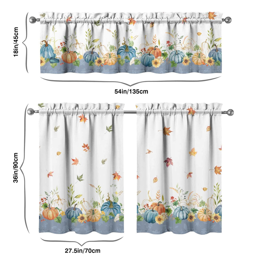 Fall Thanksgiving Kitchen Curtain Valance 3 Piece Set, Blue Pumpkin Sunflower Kitchen Decor, Thanksgiving Curtains