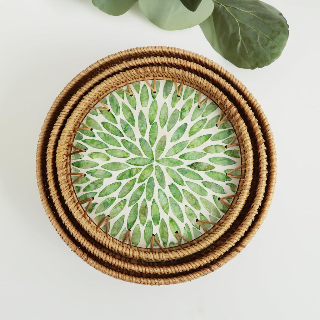 Set of 3 Rattan Tray with Mother of Pearl Inlay, Round Serving Trays for Coffee Table, Decorative Wicker Woven