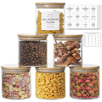 20 OZ Glass Food Storage Jars with 132 Pantry Labels Preprinted - 6 Pcs Thicken Glass Storage Containers with