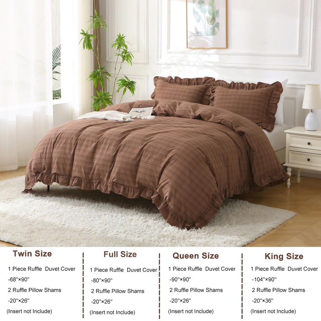 Rust Red/Brown Plaid Ruffle 3-Piece Duvet Cover Set Queen Size