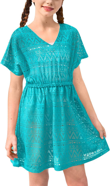 Girls Summer Crochet Bat Sleeve Swim Cover Up Kids Fashion Hollow Out Beach Dress