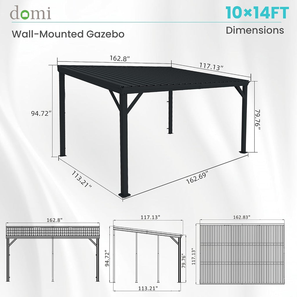 10' x 14' Lean to Gazebo, Wall Mounted Gazebos Pergola with Built in Drainage System, Galvanized Steel Roof