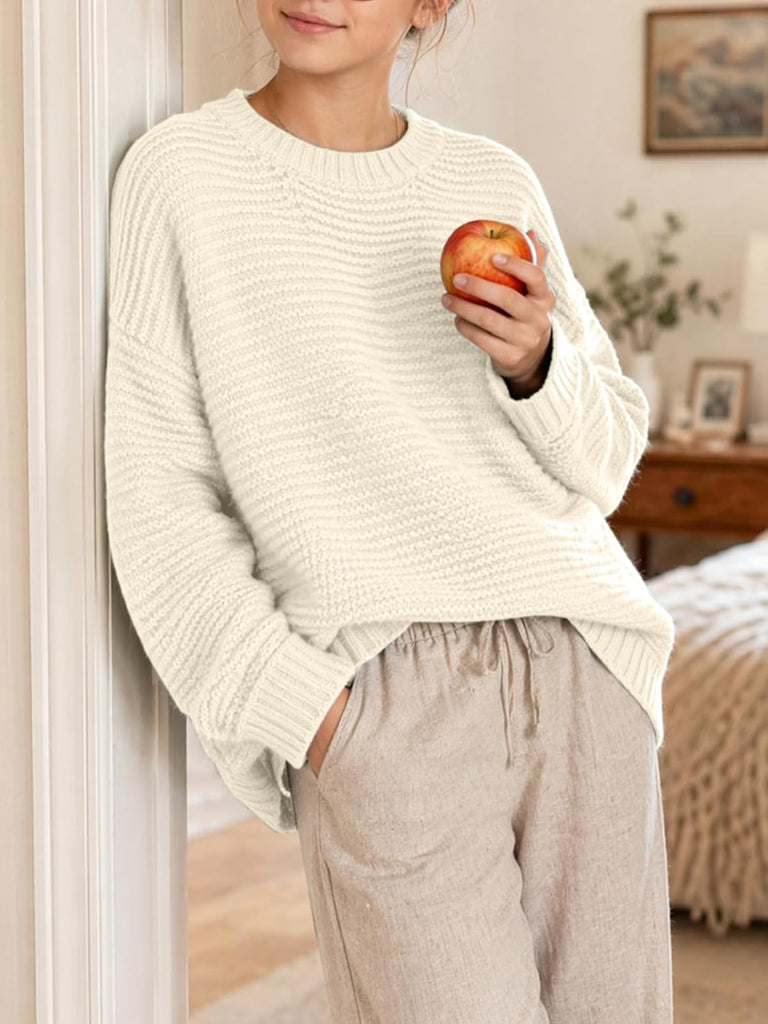Knit Sweater Long Sleeve Crewneck Solid Soft Loose Pullover for Tween Warm Casual Fall Winter School Top