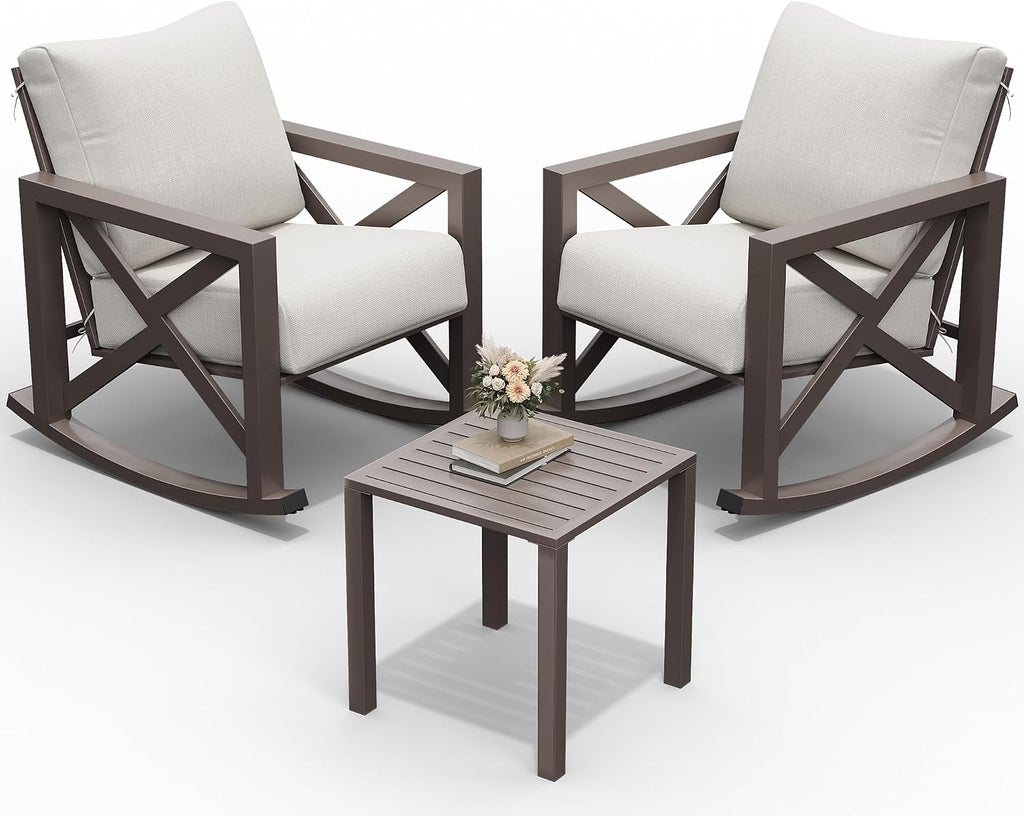 Rocking Chair Outdoor Set 2 w/Coffee Table, 3 Pc Metal Bistro Set | Metal Rocking 6.5" Water-Resistant Cushions