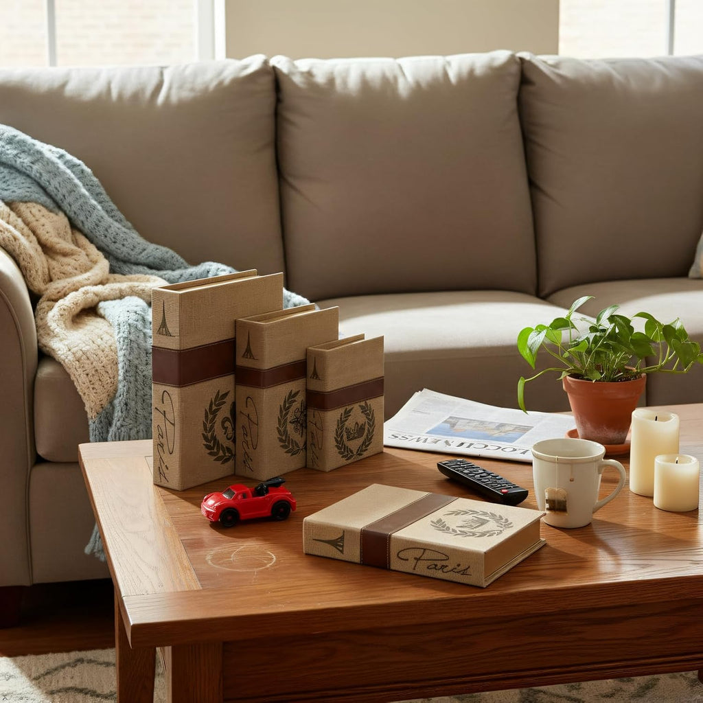 Decorative Book Boxes Set of 3 - Modern Faux Linen & Wood Hidden Storage Boxes for Coffee Table - Stackable Fake