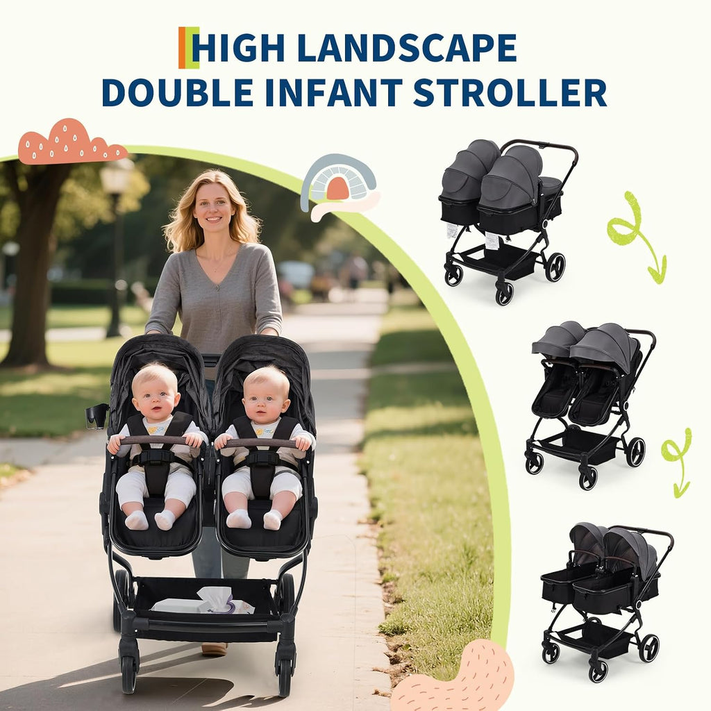 Side by Side Double Stroller for Twins, Lightweight Compact Foldable Baby Travel Stroller with High Landscape Seat