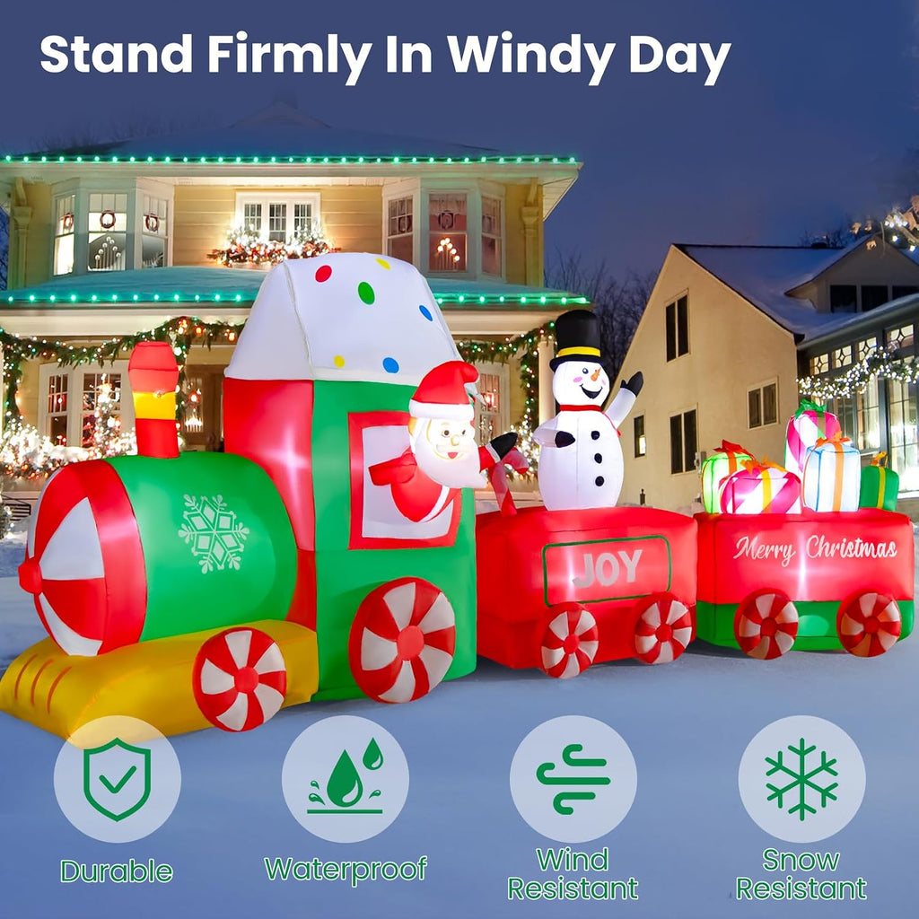 12ft Christmas Inflatables Train with Santa Claus, Christmas Blow Up Yard Decorations with Built-in LED, Christmas