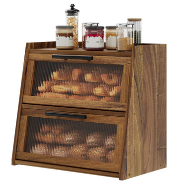 Countertop - Acacia Wood, Wavy Acrylic Door, 2-Layer Bread Storage Container, Large Bread Holder