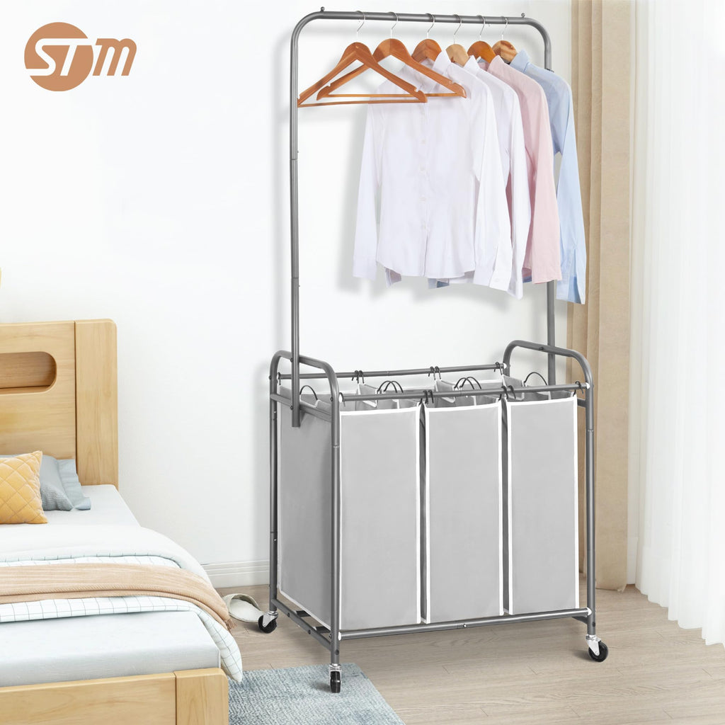 Laundry Sorter with Hanging Bar, Portable, Removable Laundry Hamper Cart with Heavy Duty Rolling Lockable Wheels