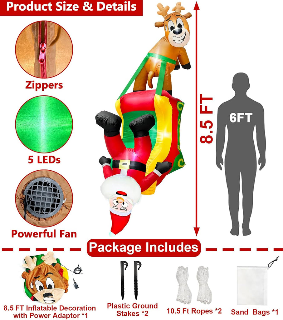 8.5 Ft Hanging Christmas Inflatable Outdoor Decoration, Blow Up Reindeer Pulling Santa Claus on Sleigh Built-in LED