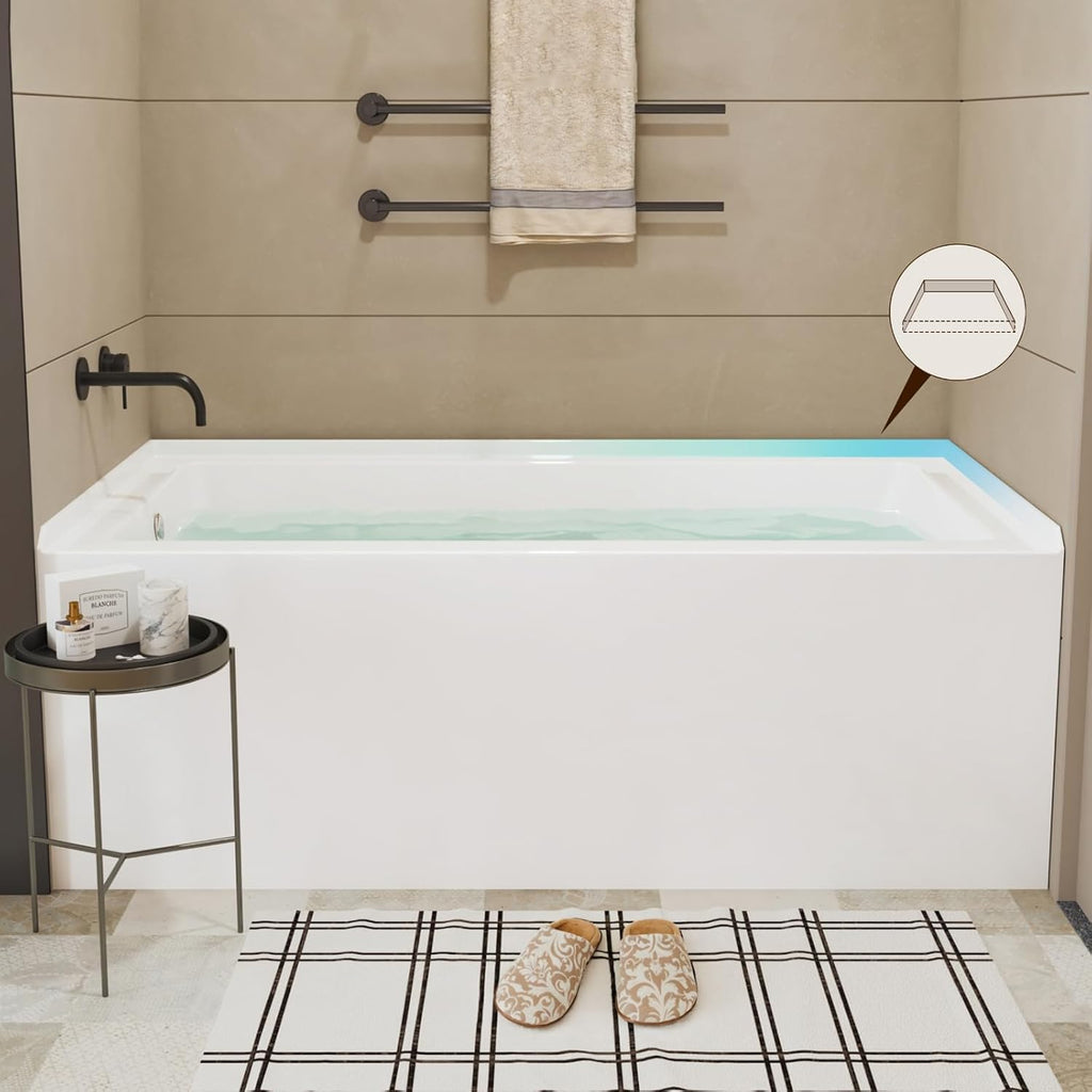 60 Inch Alcove Soaking Bathtub, Rectangular Acrylic Tub with Integral Apron, Left Drain, Glossy White Finish, Brushed