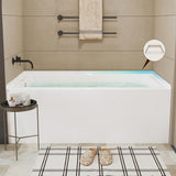 60 Inch Alcove Soaking Bathtub, Rectangular Acrylic Tub with Integral Apron, Left Drain, Glossy White Finish, Brushed