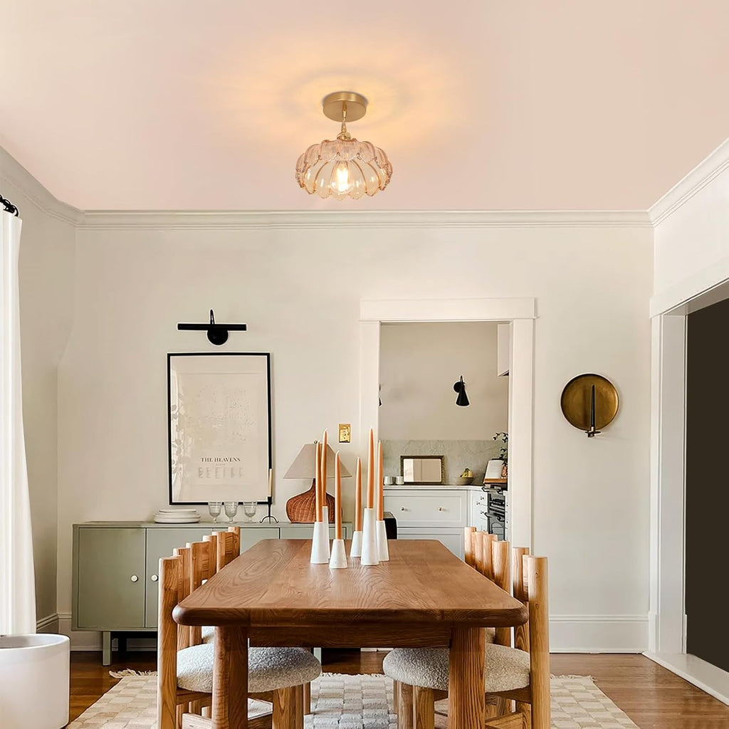 Pendant Light with Amber Scindapsus Glass Lmapshade, Brass Vintage Pendant Light Adjustable Hanging Light for Kitchen