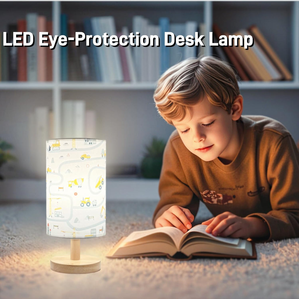 Kids Desk Lamp Boy,Reading Car Lamp, Way Dimmable Bedside Night Light with Cartoon Pattern Printed Shade and Wood