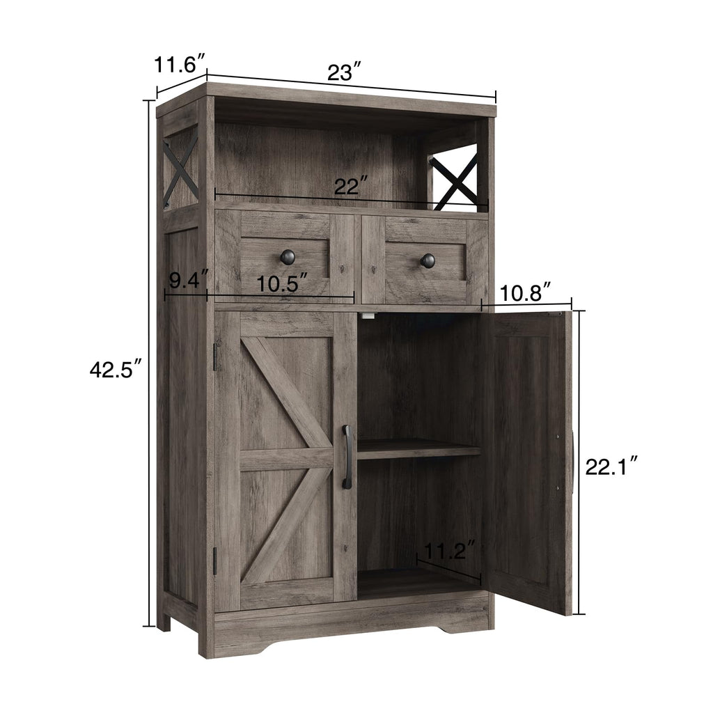 Farmhouse Storage Cabinet with Drawers and Shelf, Freestanding Kitchen Pantry Hutch, Rustic Grey