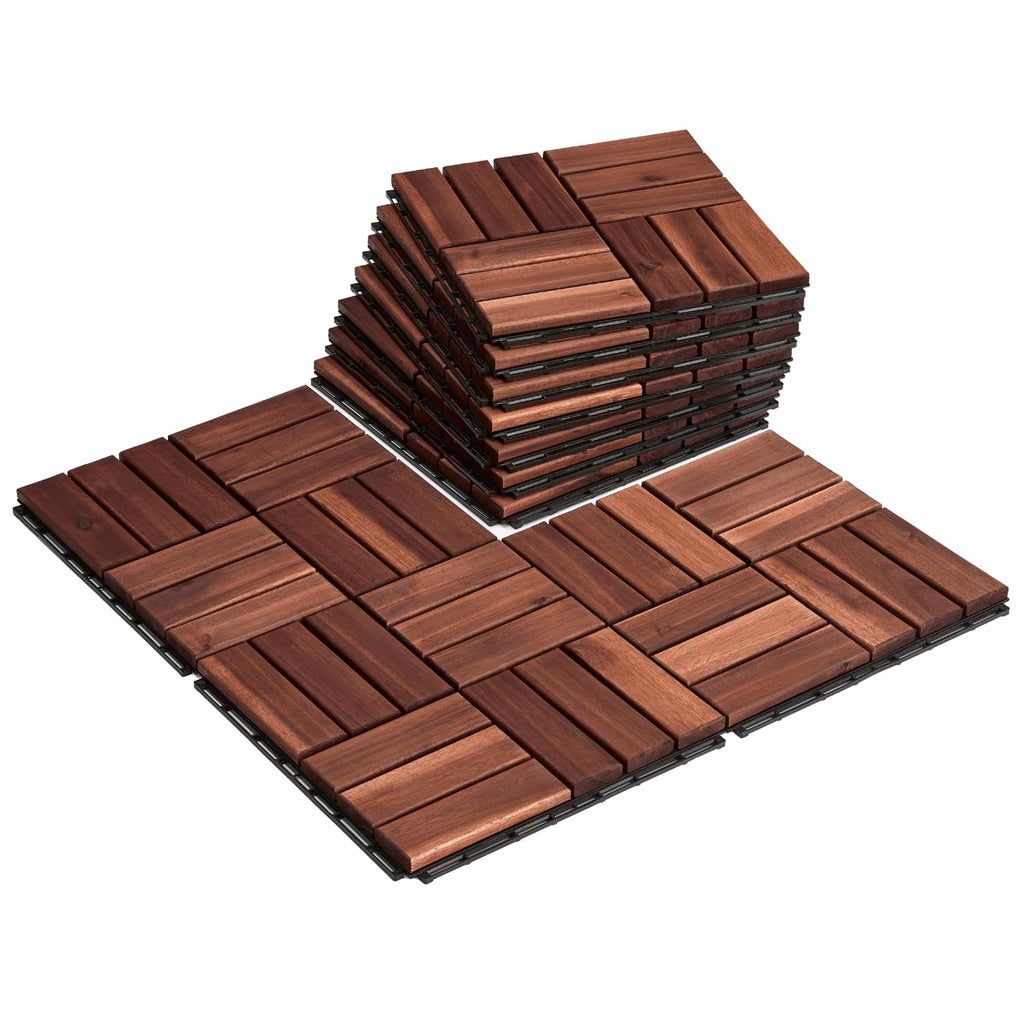 Premium Deck Tiles, Patio Flooring - Set 10 Pcs 12”x12”x0.9” Interlocking Deck Tiles, Waterproof Acacia Wood for