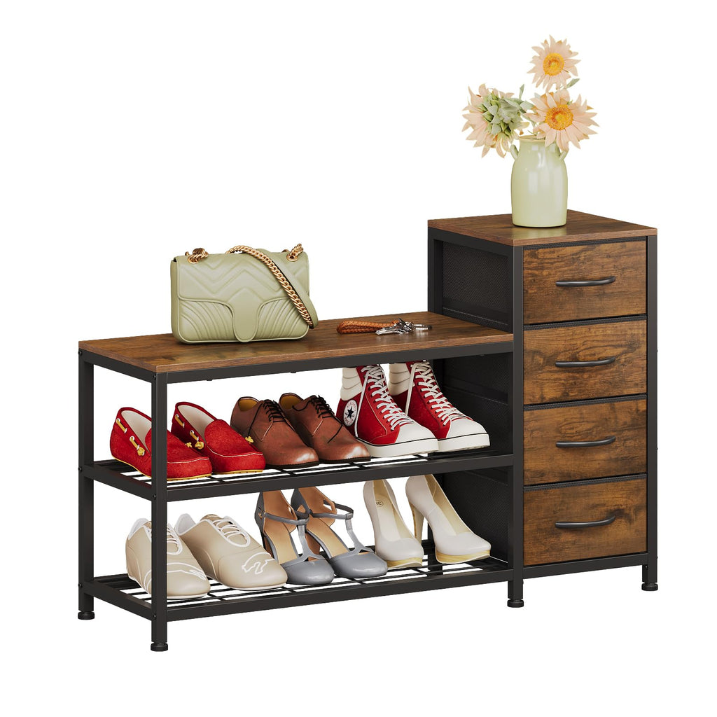 Industrial Shoe Storage Bench with 4 Drawers & Seat, Rustic Brown