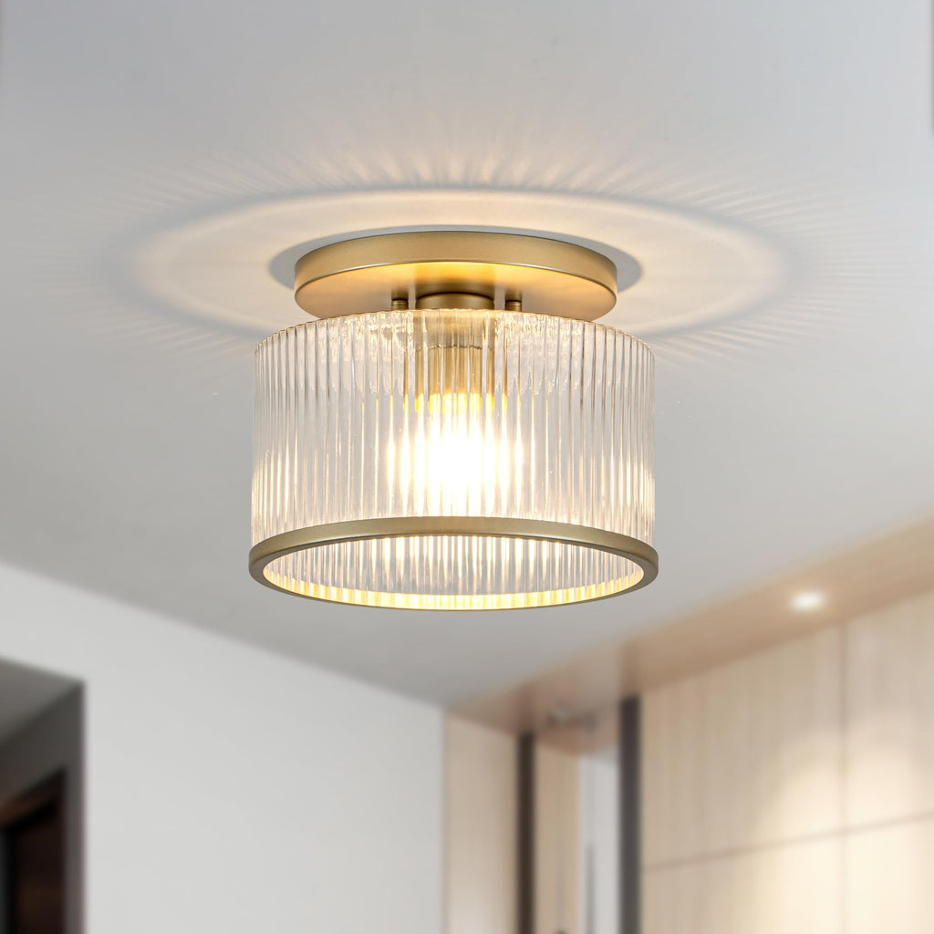 Glass Ceiling Light, Clear Ribbed Glass Ceiling Light Fixture with Gold Metal Frame, Modern Semi Flush Mount Ceiling