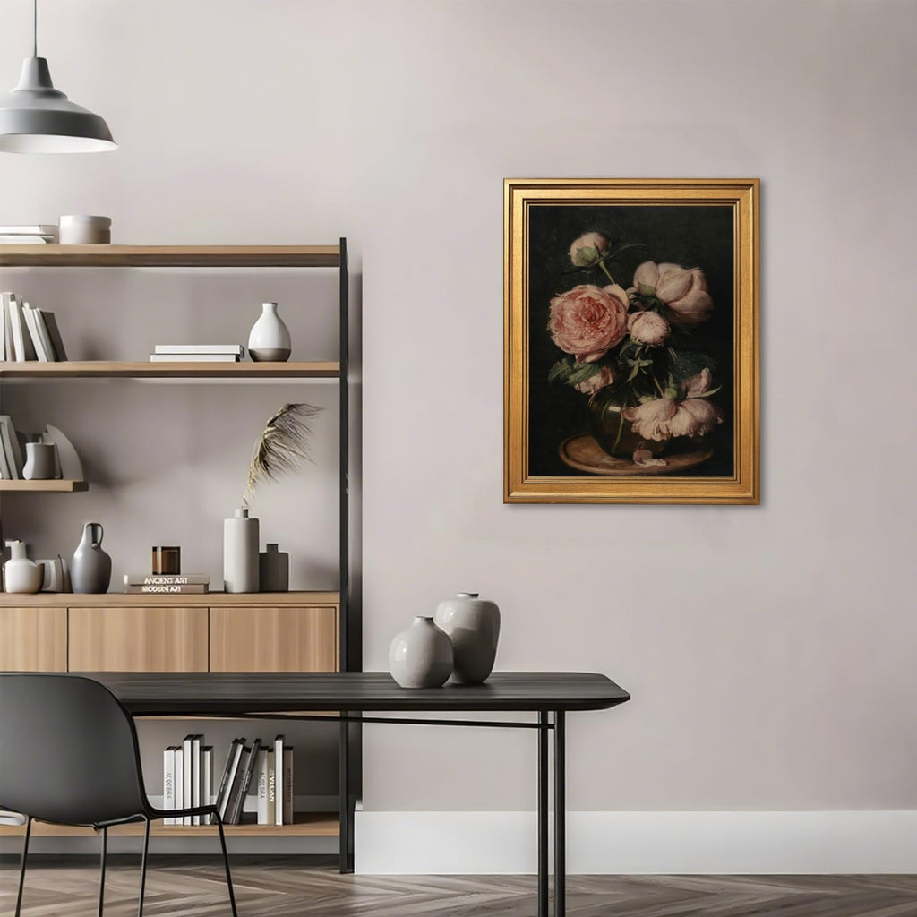 Gold Framed Vintage Floral Still Life Painting Moody Pink Peony Wall Art Canvas Print Dark Academia Flower Peonies