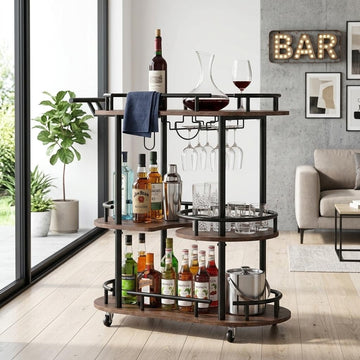 Mobile 3-Tier Serving Cart with Wine Rack and Glass Holder | Metal rolling cart with built-in wine & glass organizer