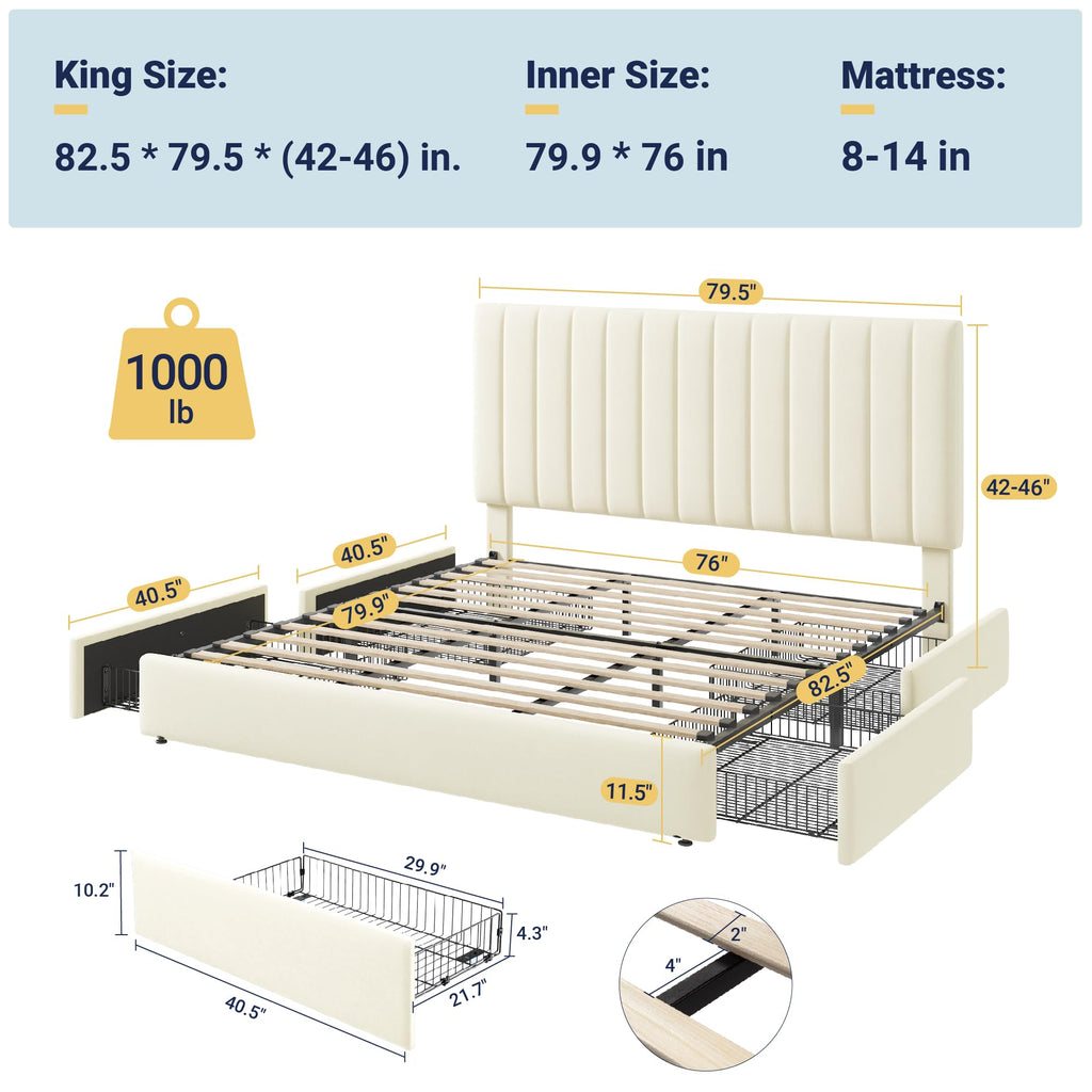 King Size Storage Bed Frame, Vertical Channel Tufted Adjustable Headboard, Velvet Upholstered Platform Bed with 4