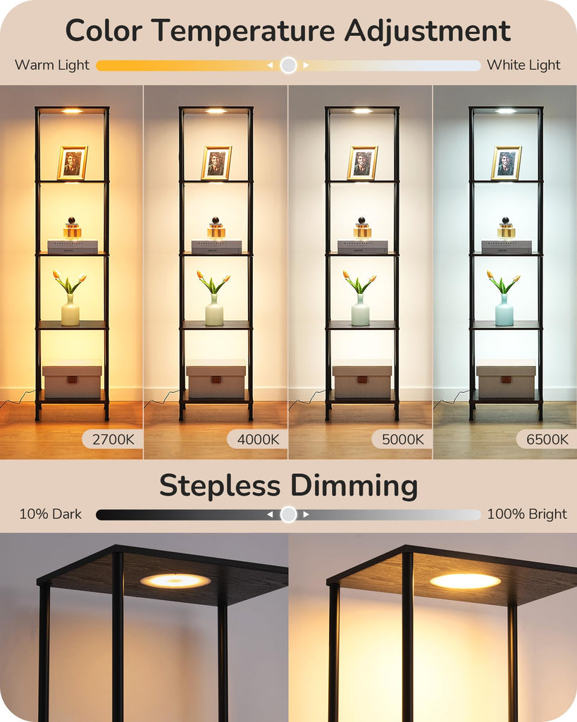 Floor Lamp with 5-Tier Display Shelf, 3 Modes Remote, Black