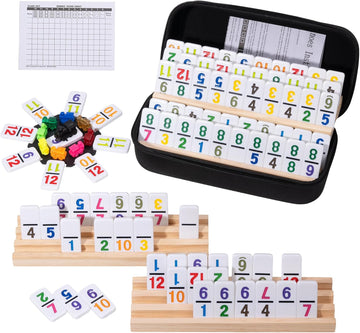 Mexican Train Dominoes Set with 4 Wooden Trays - Double 12 Dominoes Game with 91 Number Tiles, Portable Carrying Case