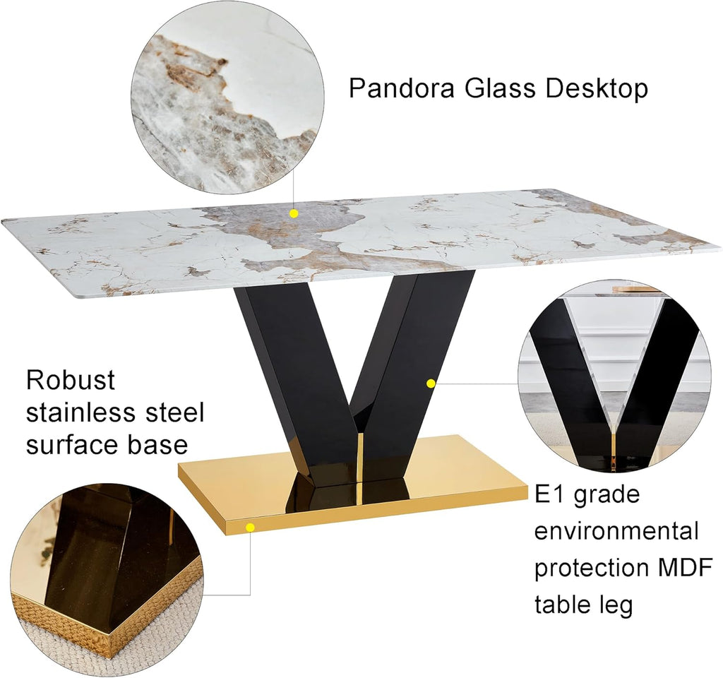 Marble Dining Table,Modern Dining Room Table with Golden Stainless Steel Base,Marble Kitchen Table for 8 People,71''
