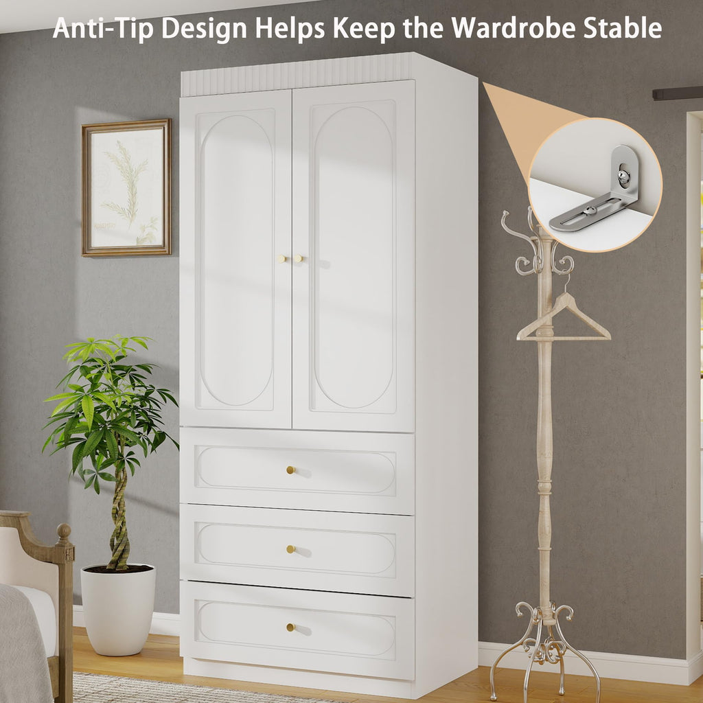 Armoire Wardrobe Closet with Drawers: 74" Tall White Wardrobe Closet with Doors, Large Bedroom Armoires for Clothes