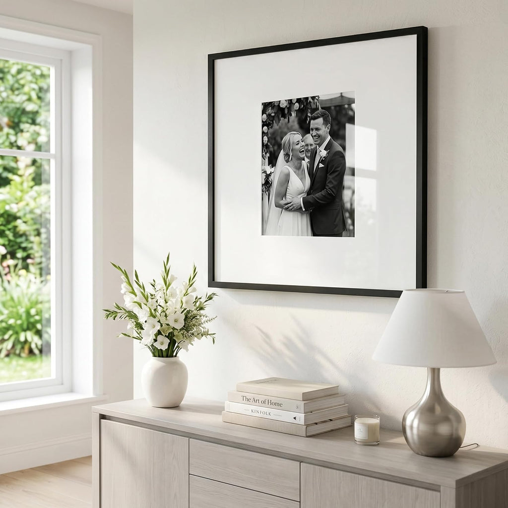 24x24 Poster Frame - Matted to 11x14 - Slim Molding - Black | Polished plexiglass front, sawtooth hangers included