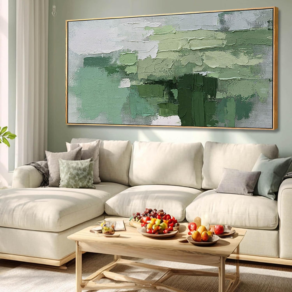 Light Green Abstract Wall Picture, Large Framed Canvas Artwork with Wooden Frame, Contemporary Textured