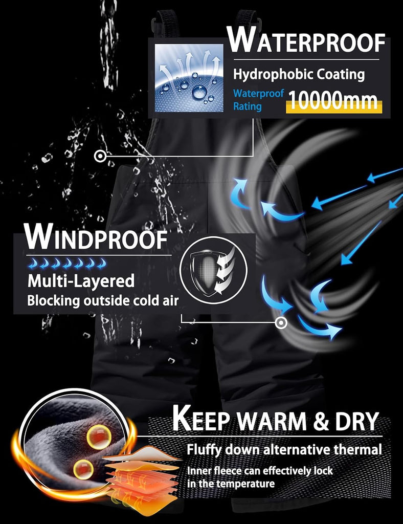 Kids Snow Bibs Unisex Waterproof Winter Ski Pants for Boys Girls