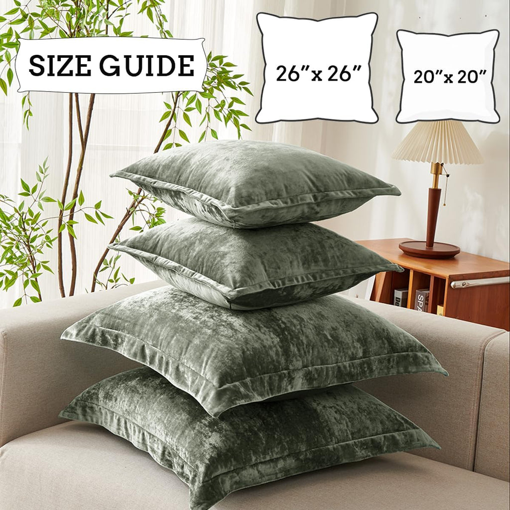 Luxurious Velvet Euro Shams Decorative Throw Pillow Covers 26x26 Set of 2 Solid Square Euro Pillow Shams, Army Green