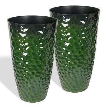 Garden 14" Dia x 24" H Large Plastic Planters with Drainage Hole, Set of 2 Hammered Texture Green Glossy Smooth
