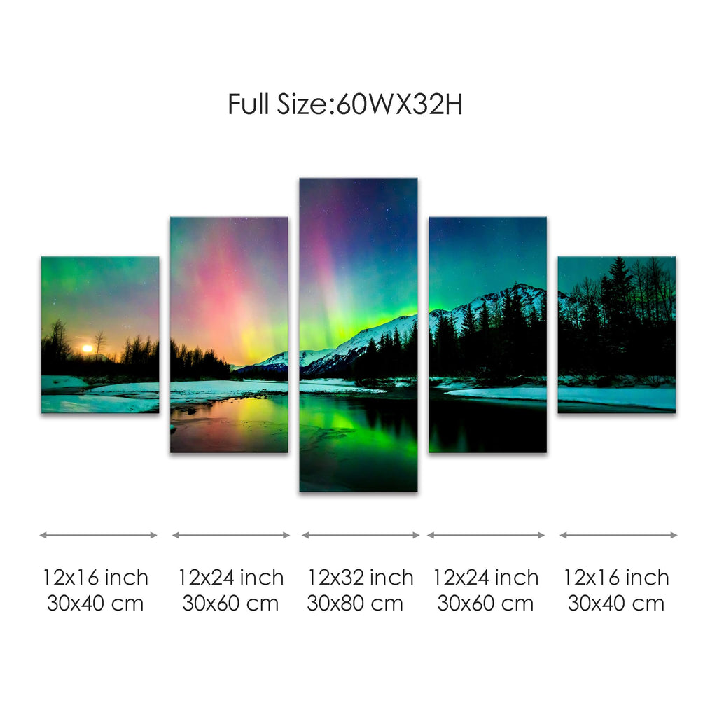 Northern Lights Wall Art Alaska Posters Canvas Landscape Artworks Mountains Picture Office Wall Decor (60Wx32H)