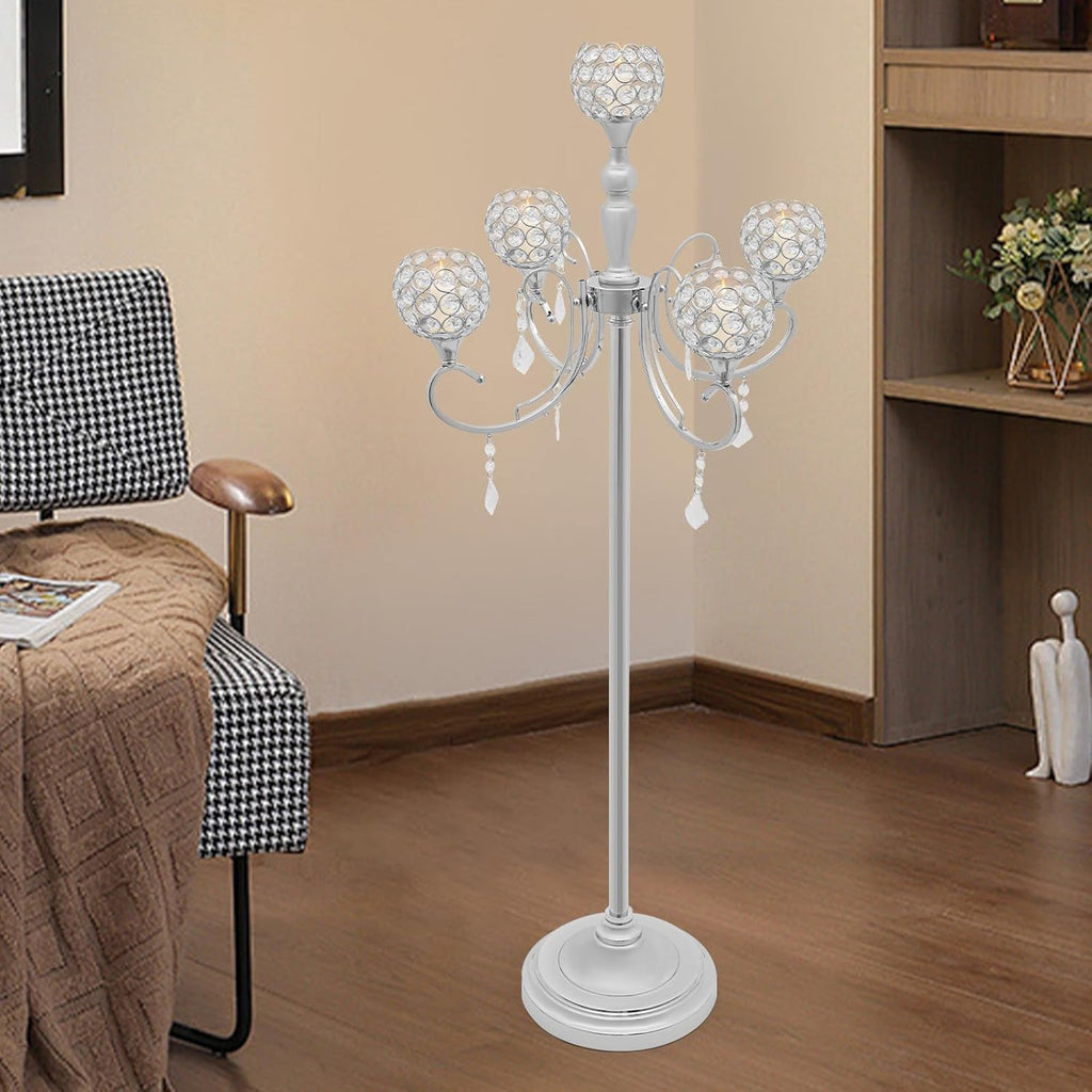 5 Arms Silver Floor Candelabra Centerpiece 49 inches Tall Crystal Beaded Candle Holders Wedding Centerpieces for