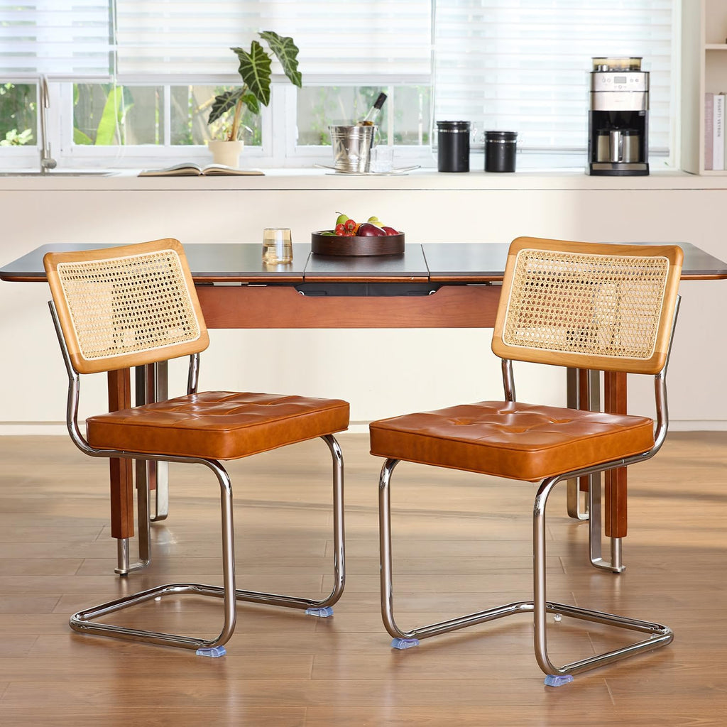 Rattan Dining Chairs Set of 2, Faux Leather Mid Century Modern Dining Room Chairs, Mesh Back Cane Kitchen Chair