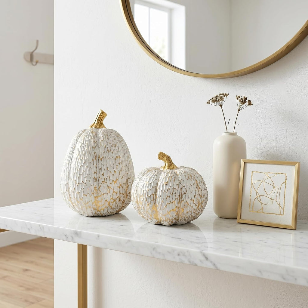White and Gold Fall Pumpkin Decor, Small Decorative Thanksgiving Pumpkins - Set of 2