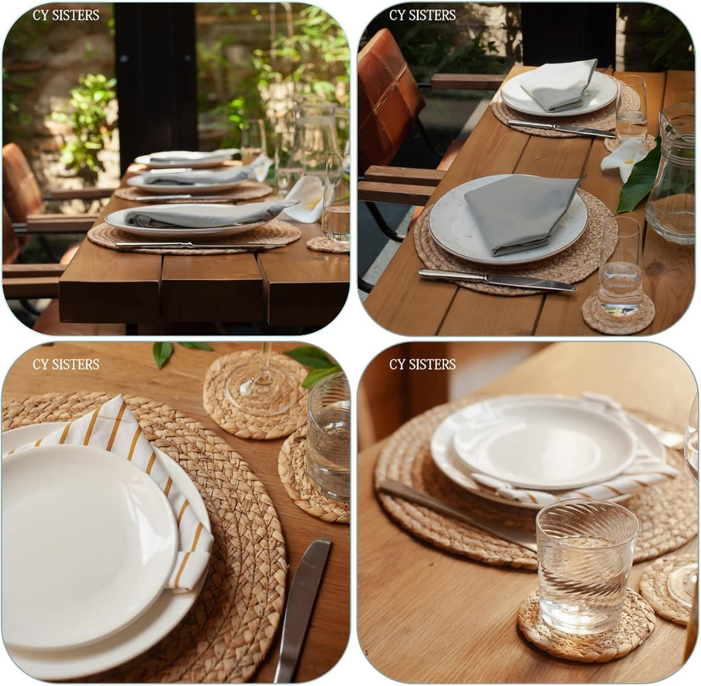 Woven Placemats Round Placemats, 13.5 Inch Wicker Placemat Circle Rattan Placemats Farmhouse Boho Braided - Set of 6