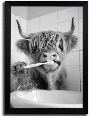 Black Framed-Funny Highland Cow Brushing Teeth Wall Art, Black and White Bathroom Animal Canvas Print, Retro Farmhouse