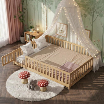 Floor Bed with Safety Guardrails for Kids, Rubber Wood Montessori Bed with Slats and Convertible Door