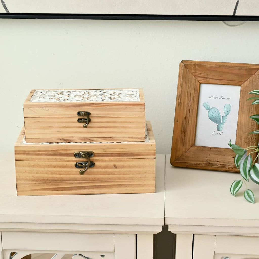 Wooden Storage Box - Hand Carved Floral Decorative Boxes - Set of 2