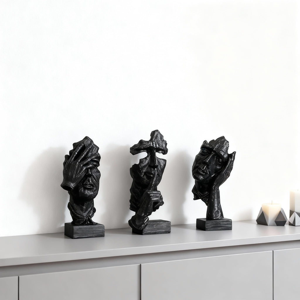 3 Pcs Thinker Statue, Silence is Black Abstract Art Figurine, Modern Home Resin Decorative Objects Decor Bookshelf