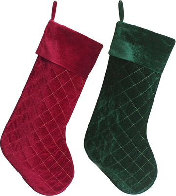 Set of 2 pcs Burgundy & Green Velvet Stocking Diamond Quilted Embroidery Decoration Socks Christmas Stocking Xmas
