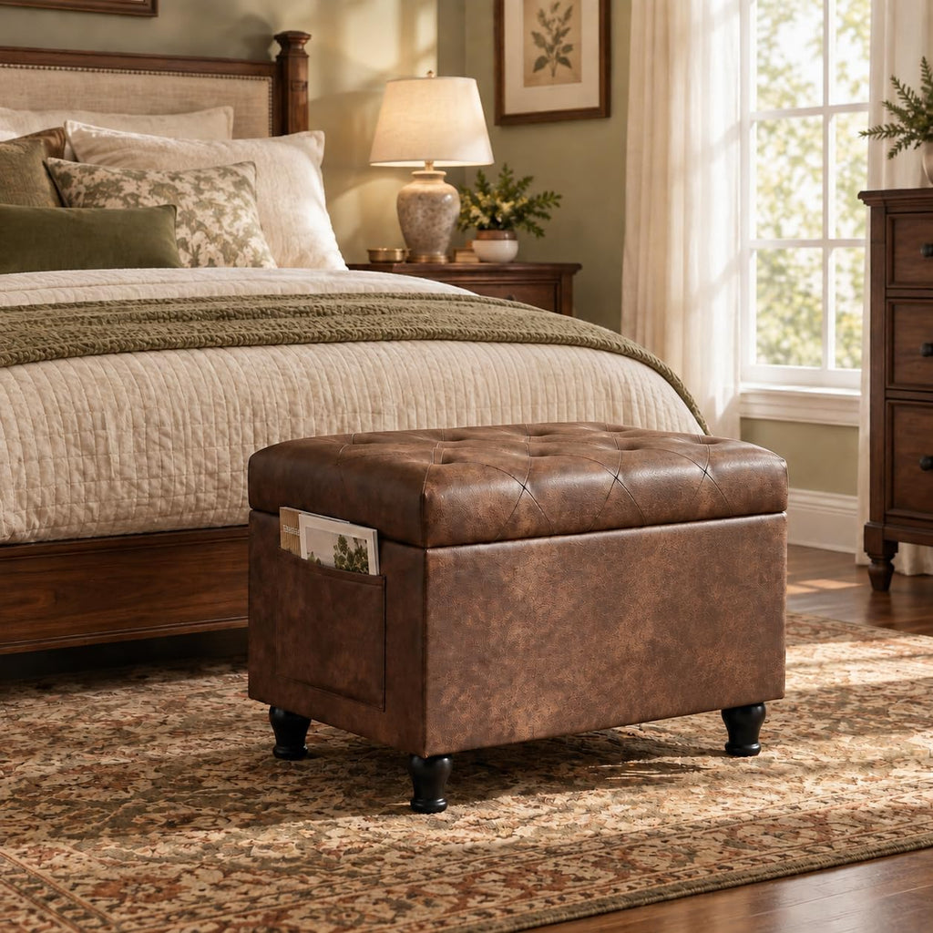 24" Brown Ottoman with Storage, Faux Leather Footrest